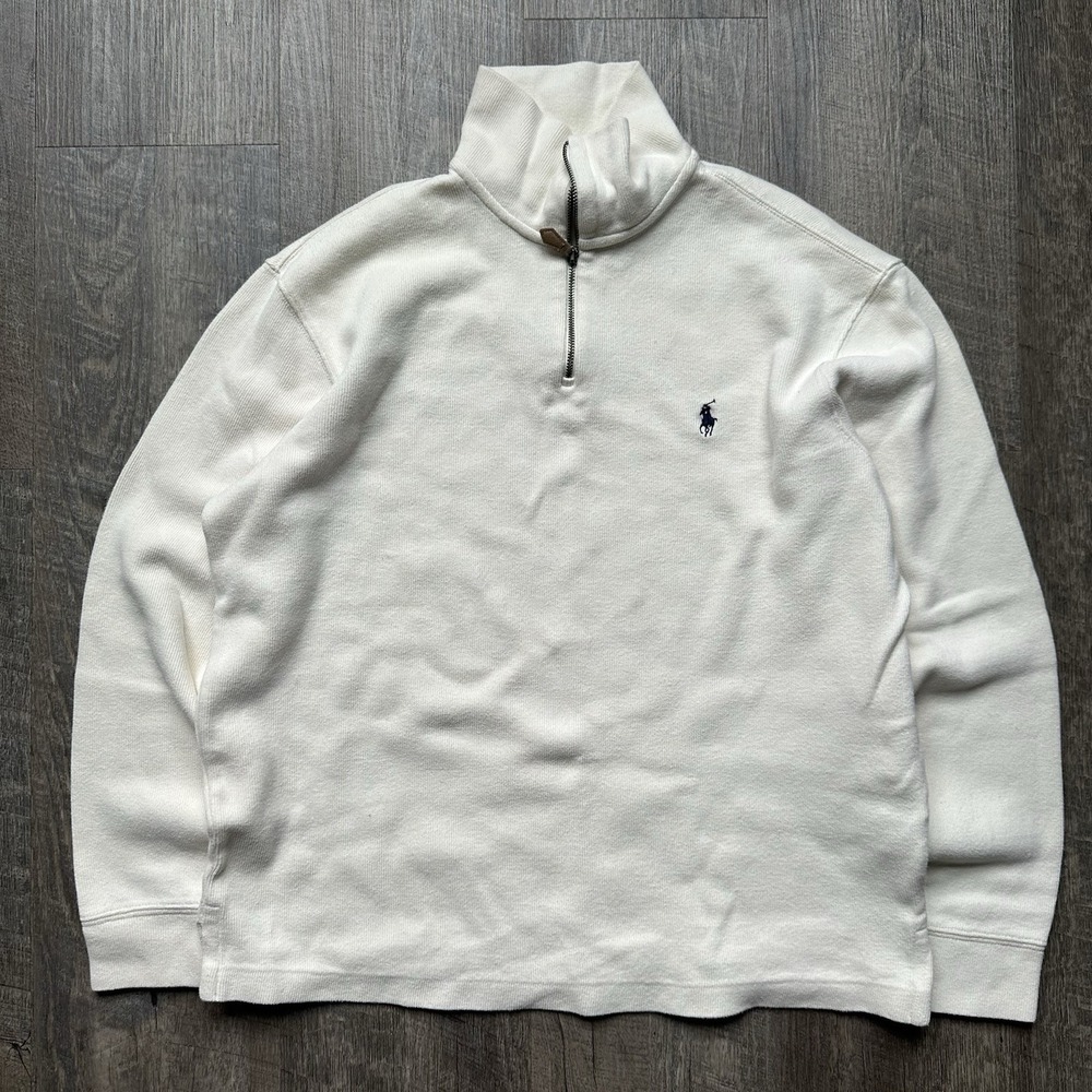 Polo Ralph Lauren Mens Cream Quarter Zip Sweater Pullover Pony Logo Used Medium